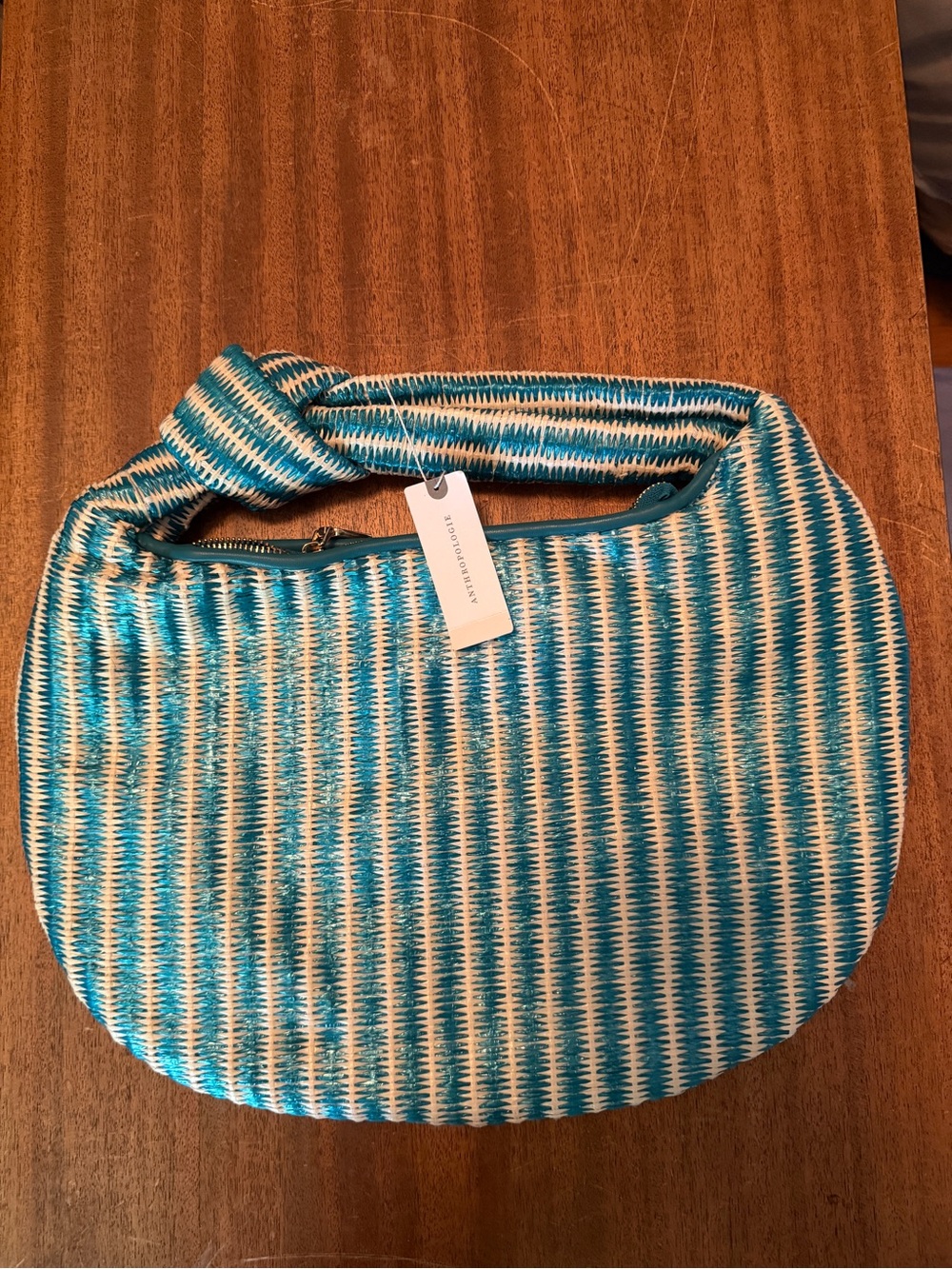 NWT Anthropologie Woven Teal and Cream Shoulder Bag
